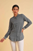 W for Woman Grey Yarn Dyed Stripe Shirt | Grocsy