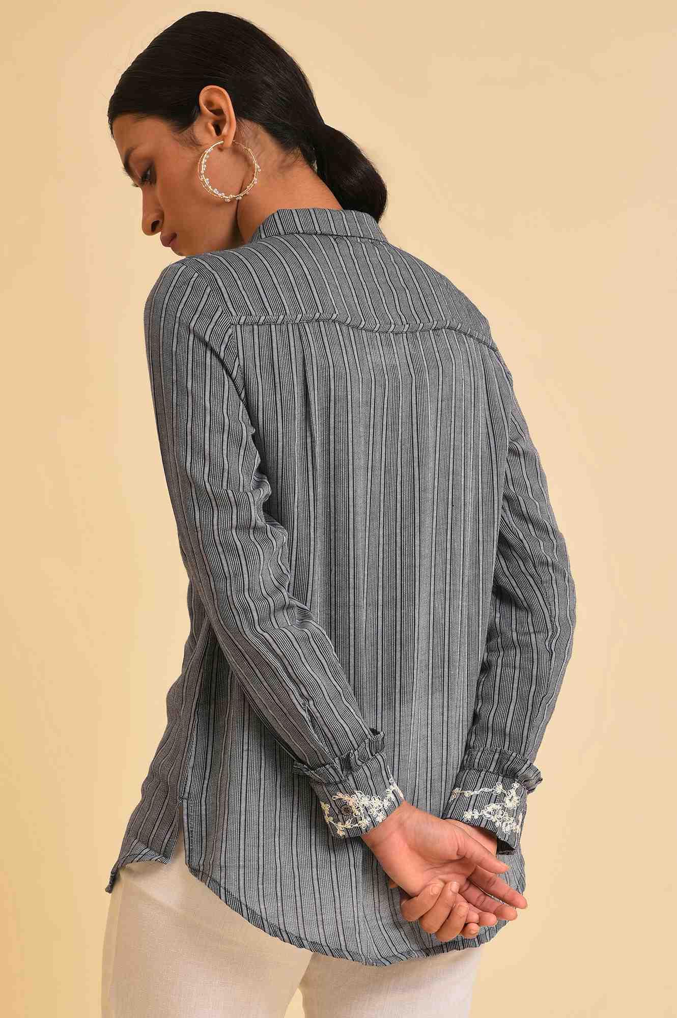 W for Woman Grey Yarn Dyed Stripe Shirt | Grocsy
