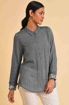 W for Woman Grey Yarn Dyed Stripe Shirt | Grocsy
