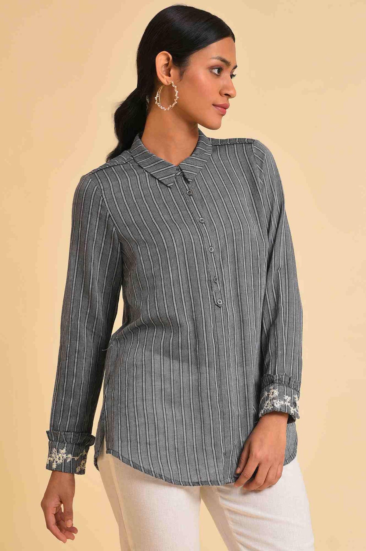 W for Woman Grey Yarn Dyed Stripe Shirt | Grocsy