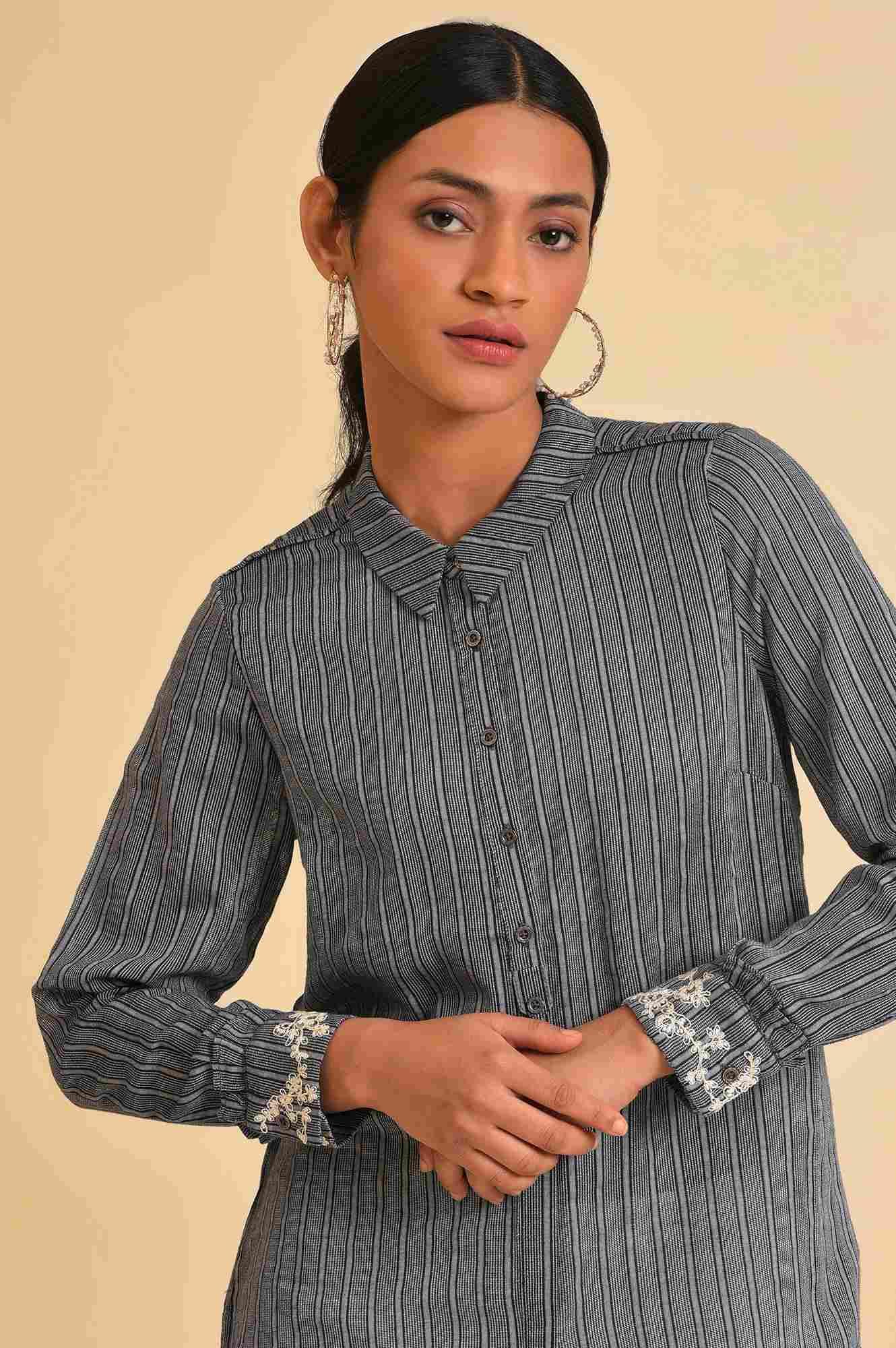 W for Woman Grey Yarn Dyed Stripe Shirt | Grocsy