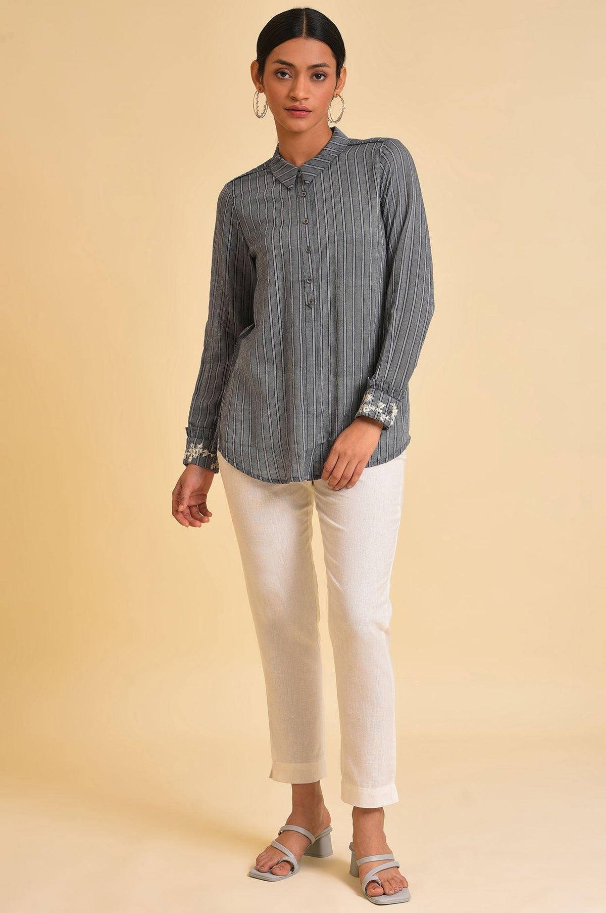 W for Woman Grey Yarn Dyed Stripe Shirt | Grocsy