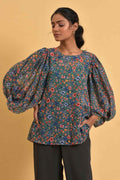 W for Woman Green Floral Printed Georgette Top with Puffy Sleeves | Grocsy