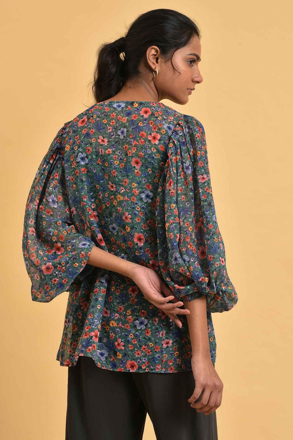 W for Woman Green Floral Printed Georgette Top with Puffy Sleeves | Grocsy