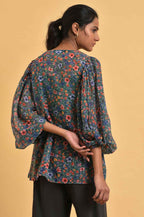 W for Woman Green Floral Printed Georgette Top with Puffy Sleeves | Grocsy