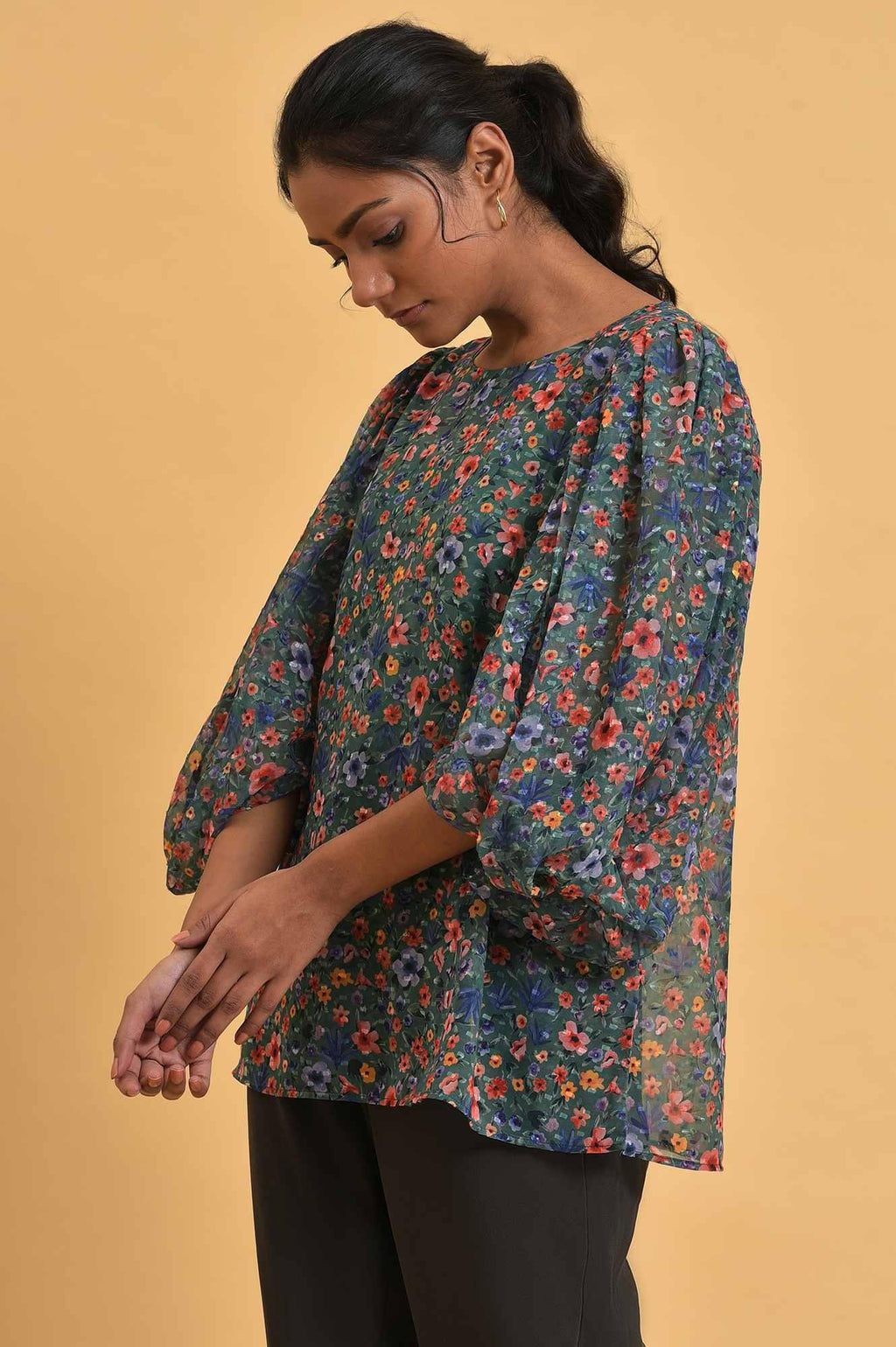 W for Woman Green Floral Printed Georgette Top with Puffy Sleeves | Grocsy