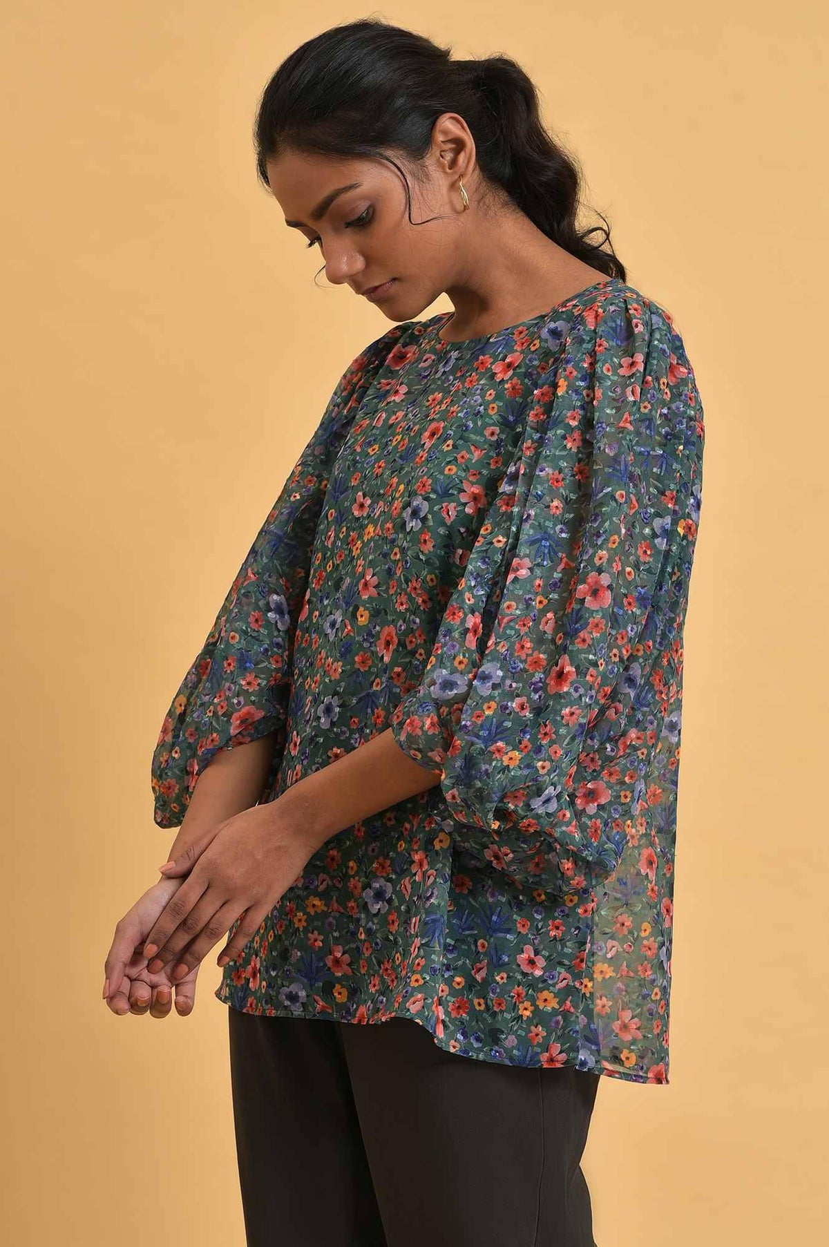 W for Woman Green Floral Printed Georgette Top with Puffy Sleeves | Grocsy