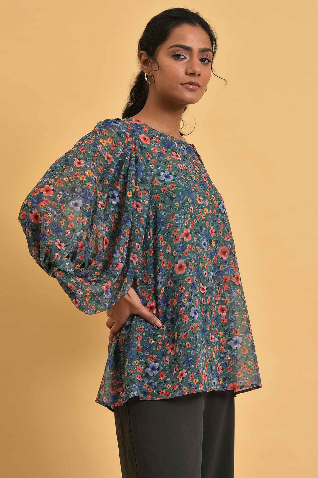 W for Woman Green Floral Printed Georgette Top with Puffy Sleeves | Grocsy