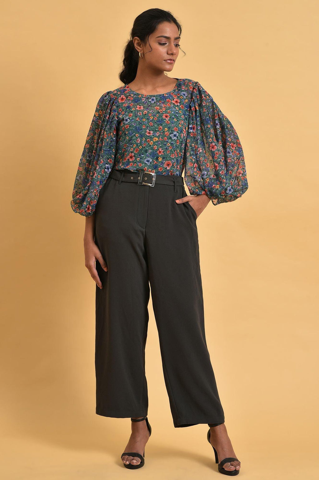 W for Woman Green Floral Printed Georgette Top with Puffy Sleeves | Grocsy