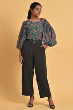 W for Woman Green Floral Printed Georgette Top with Puffy Sleeves | Grocsy