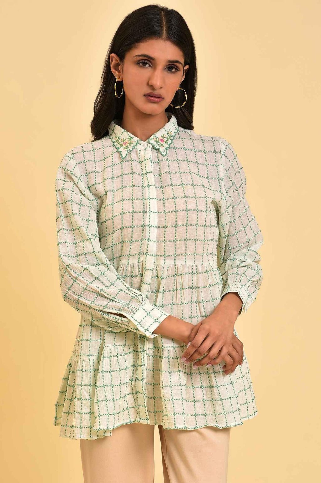 W for Woman White Tiered Top with Green Stitch Lines | Grocsy