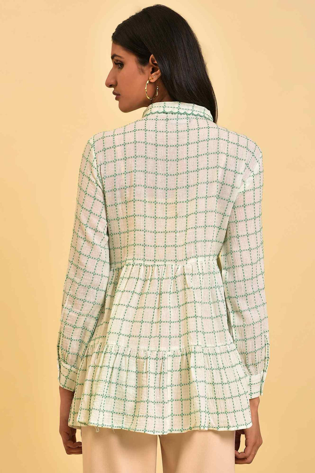 W for Woman White Tiered Top with Green Stitch Lines | Grocsy