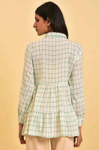W for Woman White Tiered Top with Green Stitch Lines | Grocsy