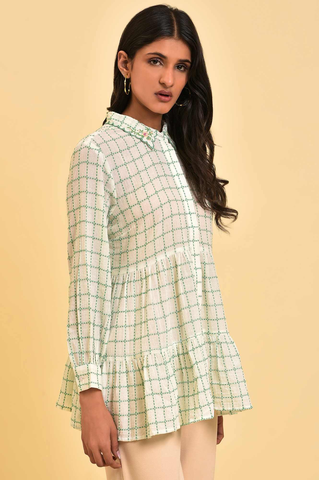 W for Woman White Tiered Top with Green Stitch Lines | Grocsy