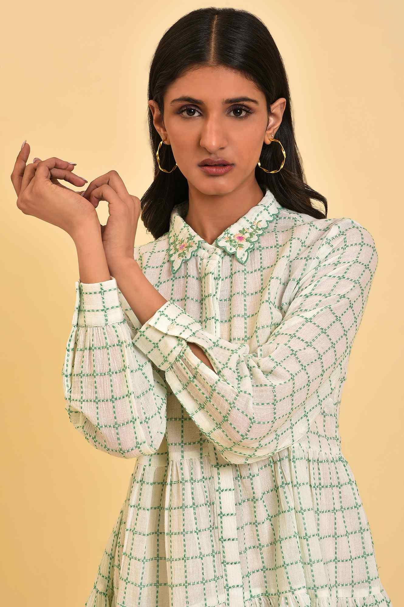 W for Woman White Tiered Top with Green Stitch Lines | Grocsy