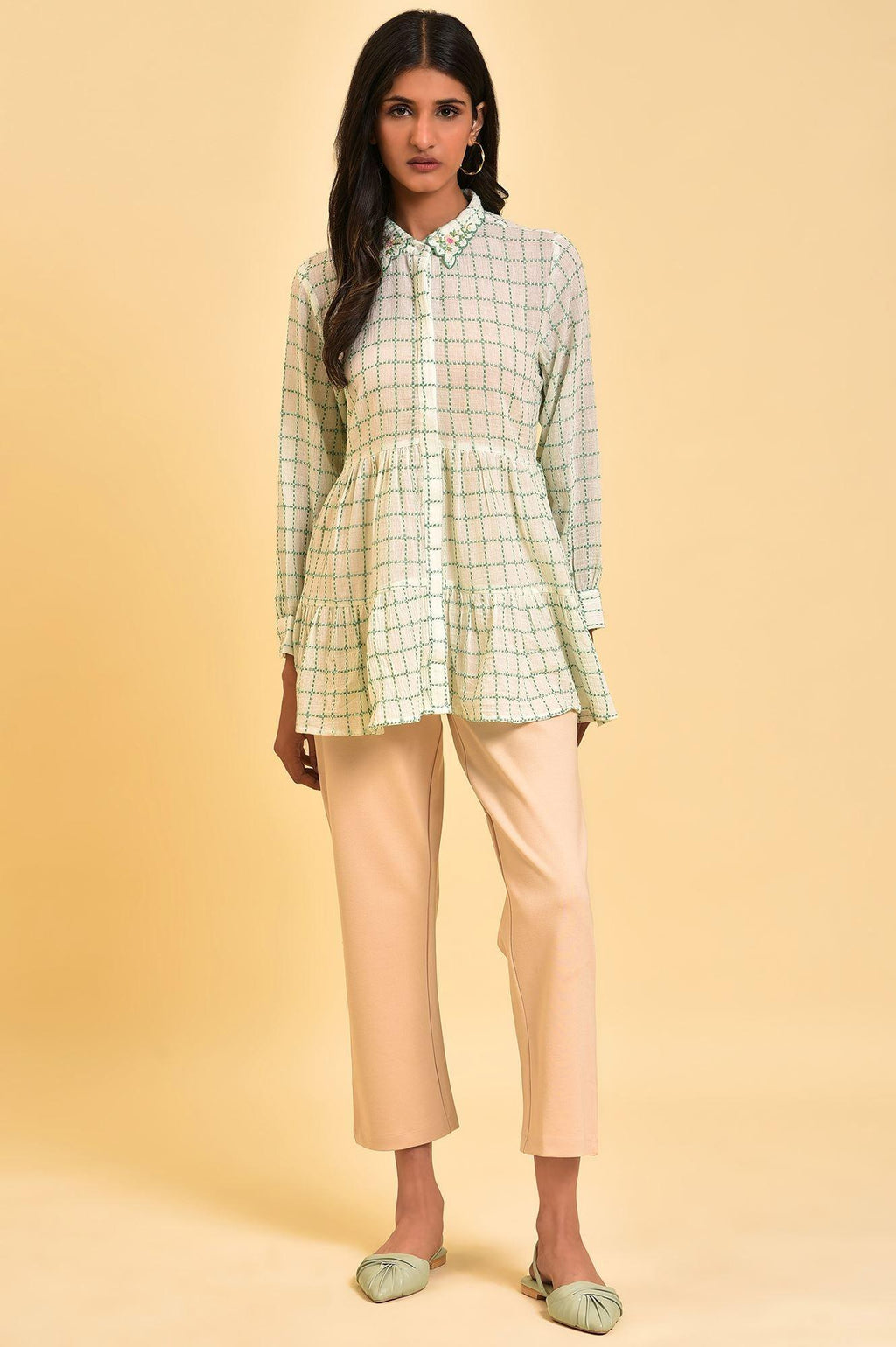 W for Woman White Tiered Top with Green Stitch Lines | Grocsy
