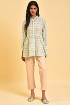 W for Woman White Tiered Top with Green Stitch Lines | Grocsy