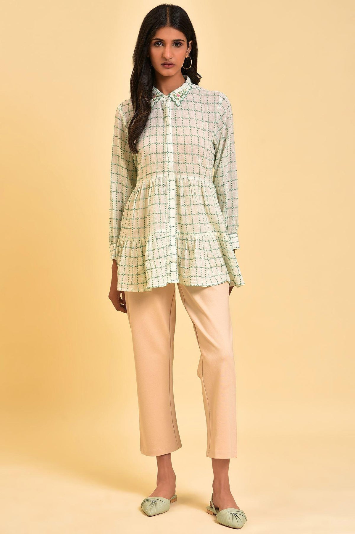 W for Woman White Tiered Top with Green Stitch Lines | Grocsy