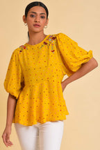 W for Woman Yellow Embroidered Peplum Top | Grocsy
