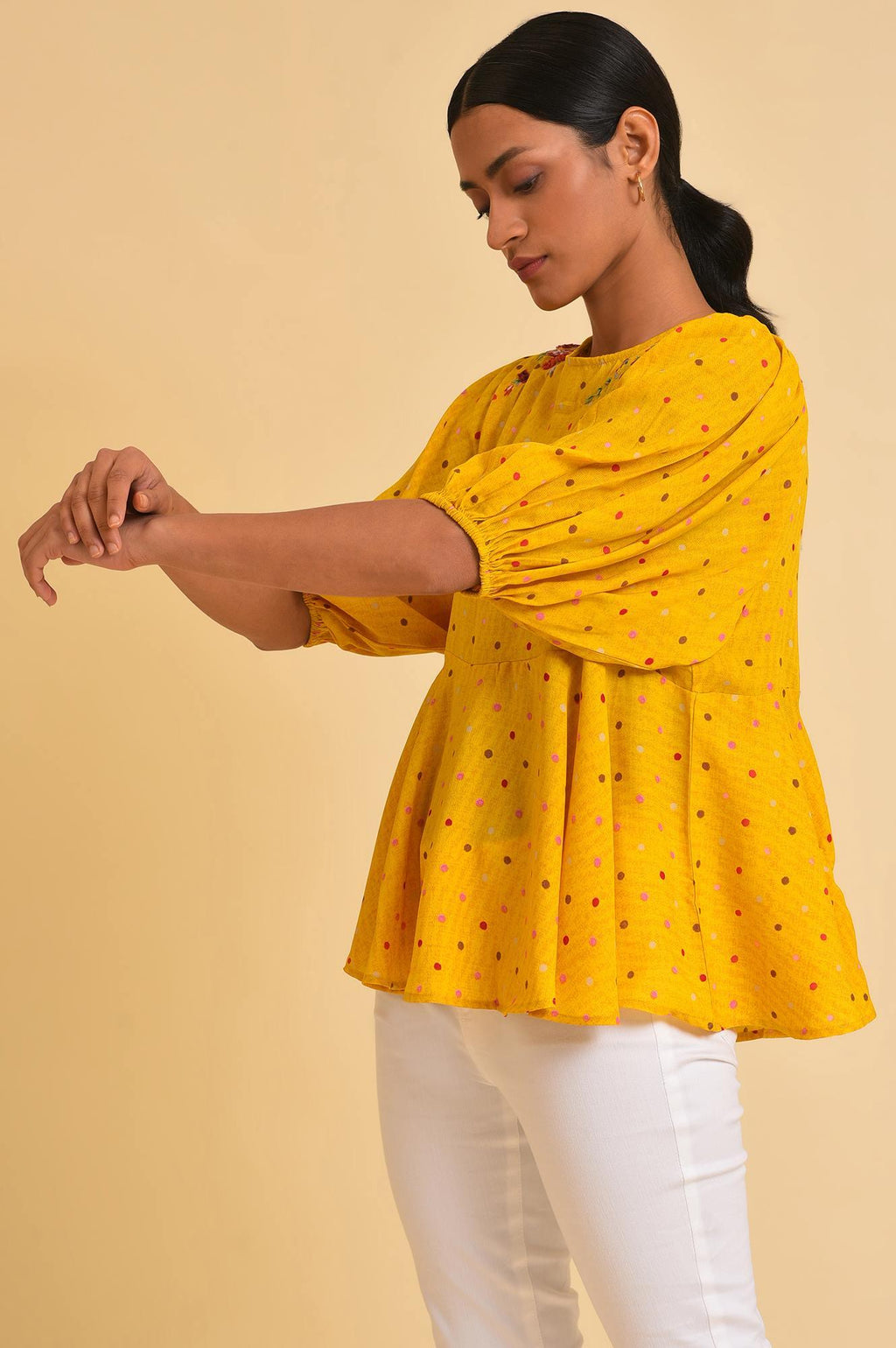 W for Woman Yellow Embroidered Peplum Top | Grocsy