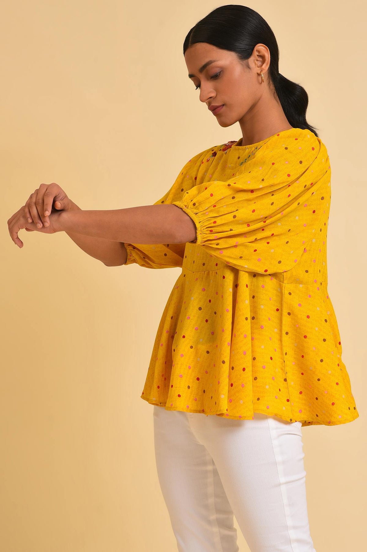W for Woman Yellow Embroidered Peplum Top | Grocsy