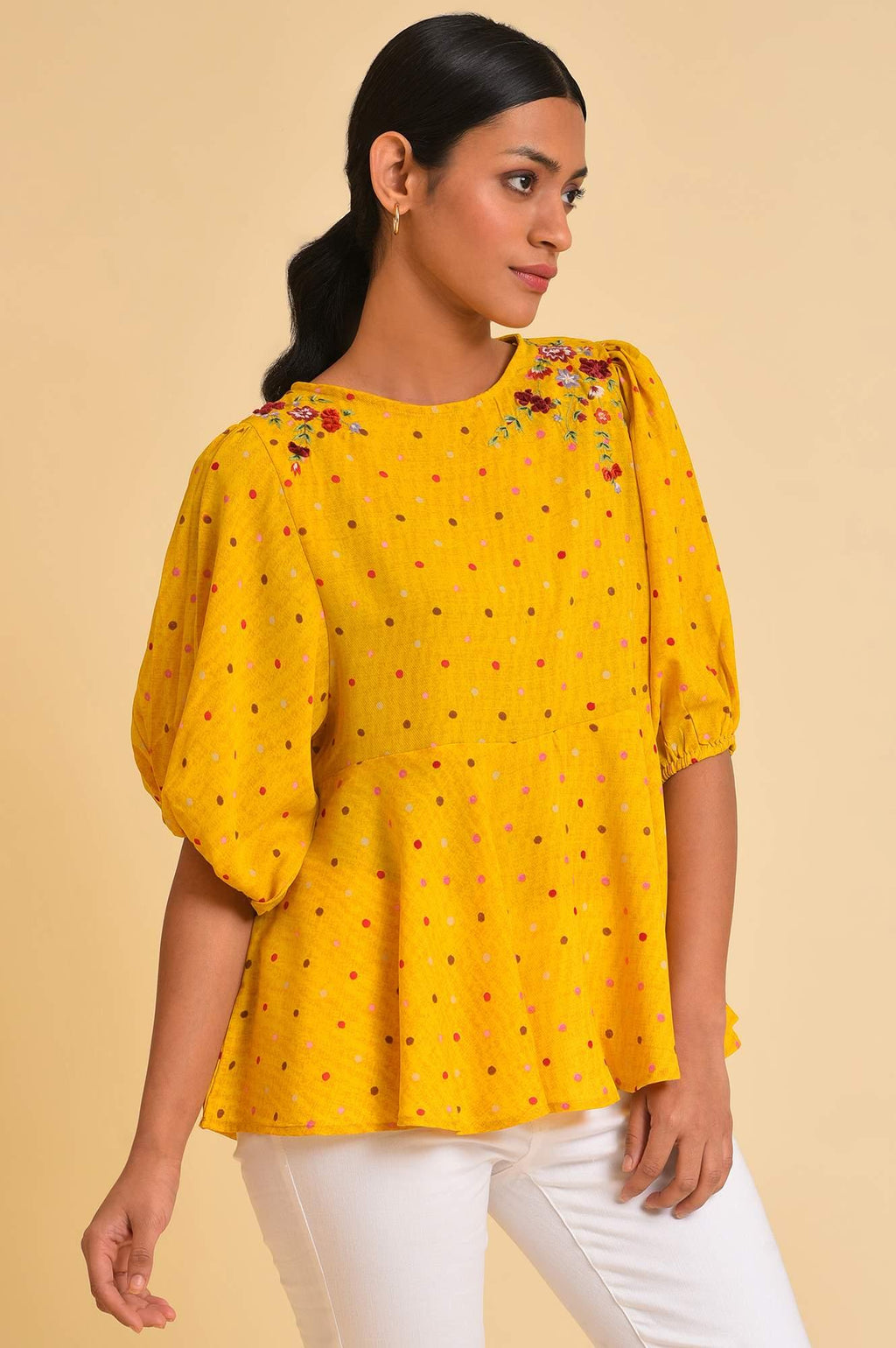 W for Woman Yellow Embroidered Peplum Top | Grocsy