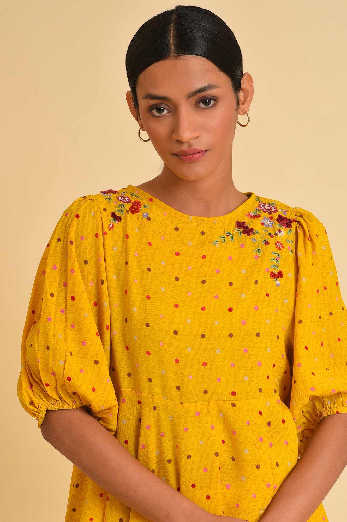 W for Woman Yellow Embroidered Peplum Top | Grocsy
