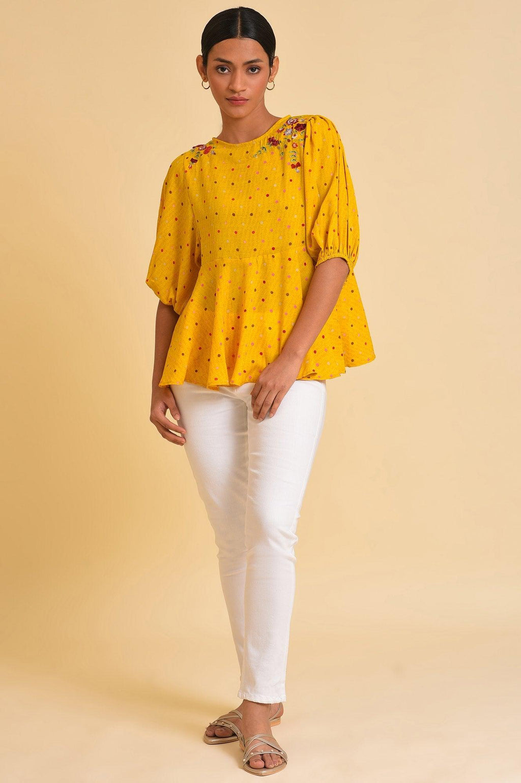 W for Woman Yellow Embroidered Peplum Top | Grocsy