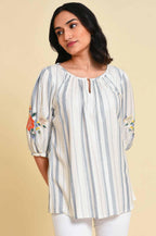 W for Woman White And Blue Embroidered Top | Grocsy