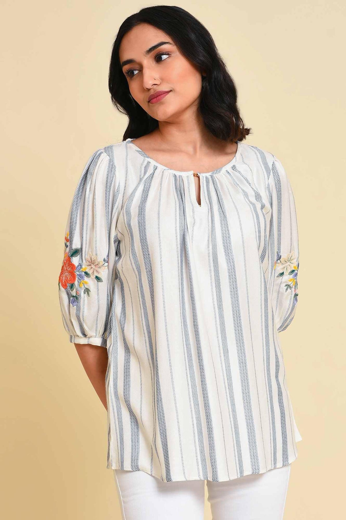 W for Woman White And Blue Embroidered Top | Grocsy