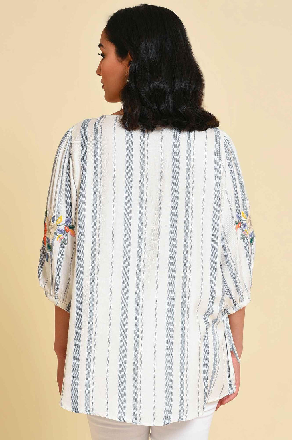 W for Woman White And Blue Embroidered Top | Grocsy