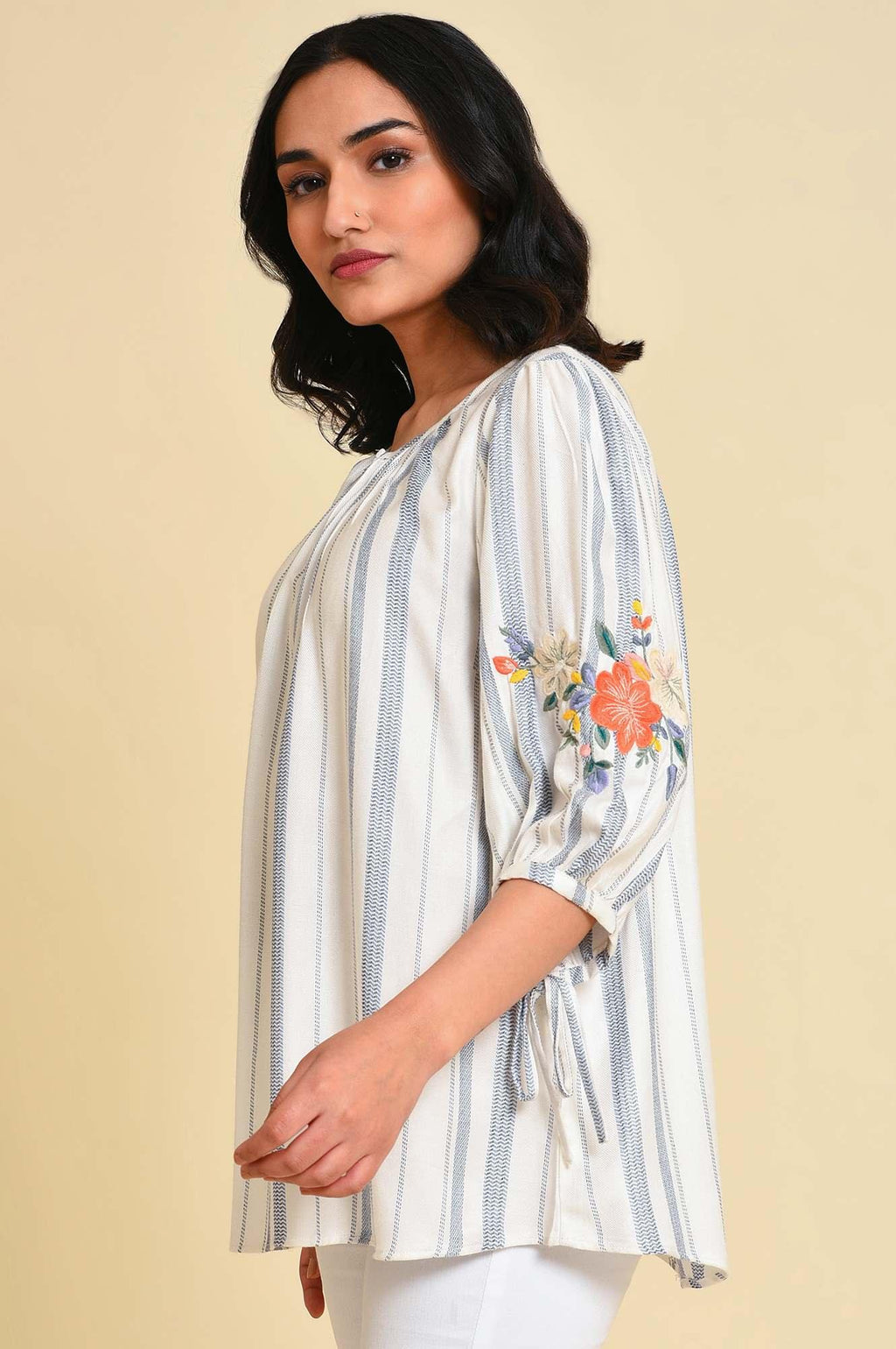 W for Woman White And Blue Embroidered Top | Grocsy