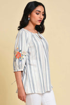 W for Woman White And Blue Embroidered Top | Grocsy