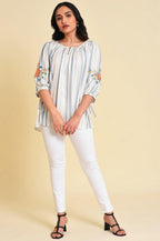 W for Woman White And Blue Embroidered Top | Grocsy