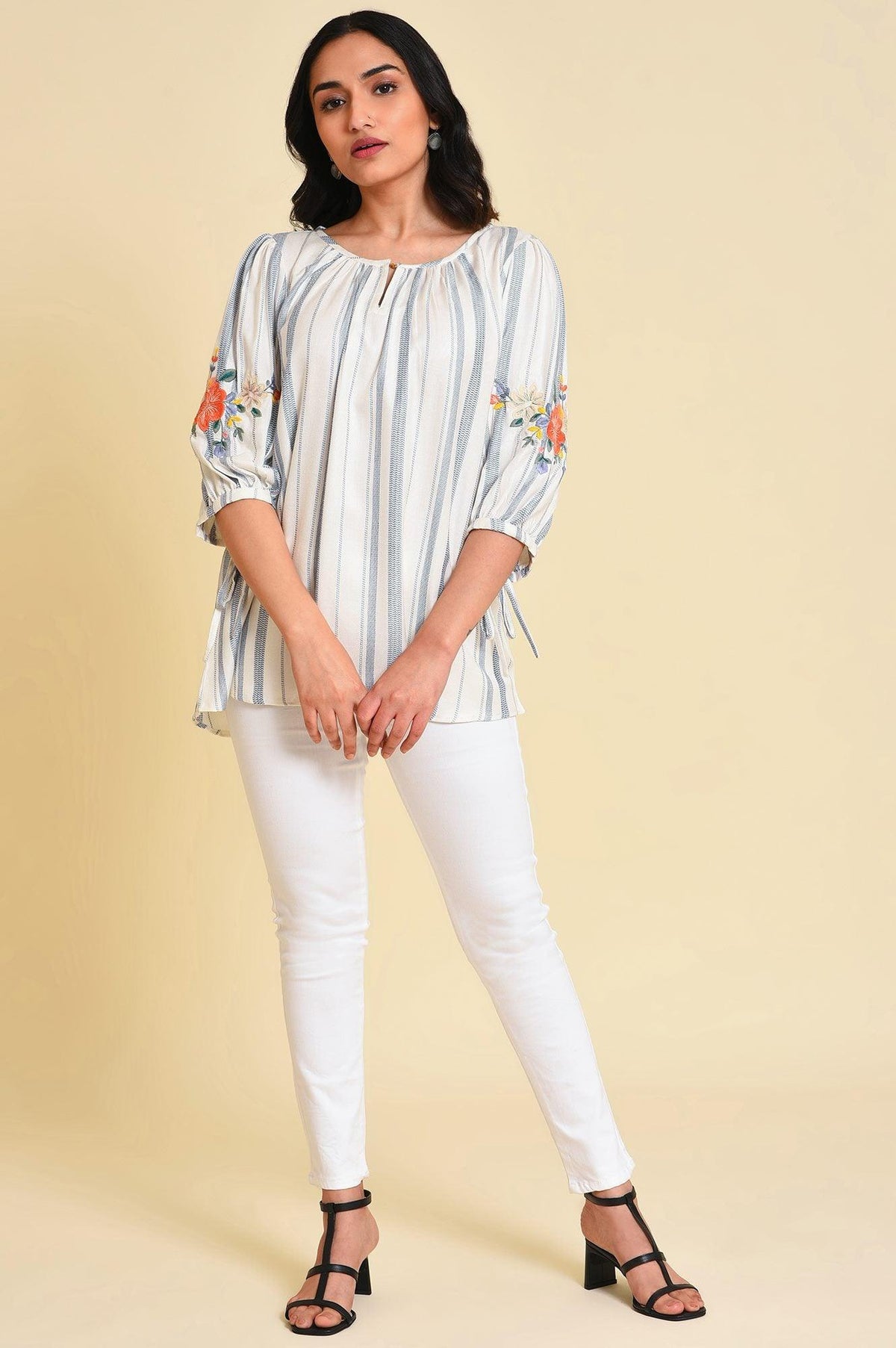 W for Woman White And Blue Embroidered Top | Grocsy