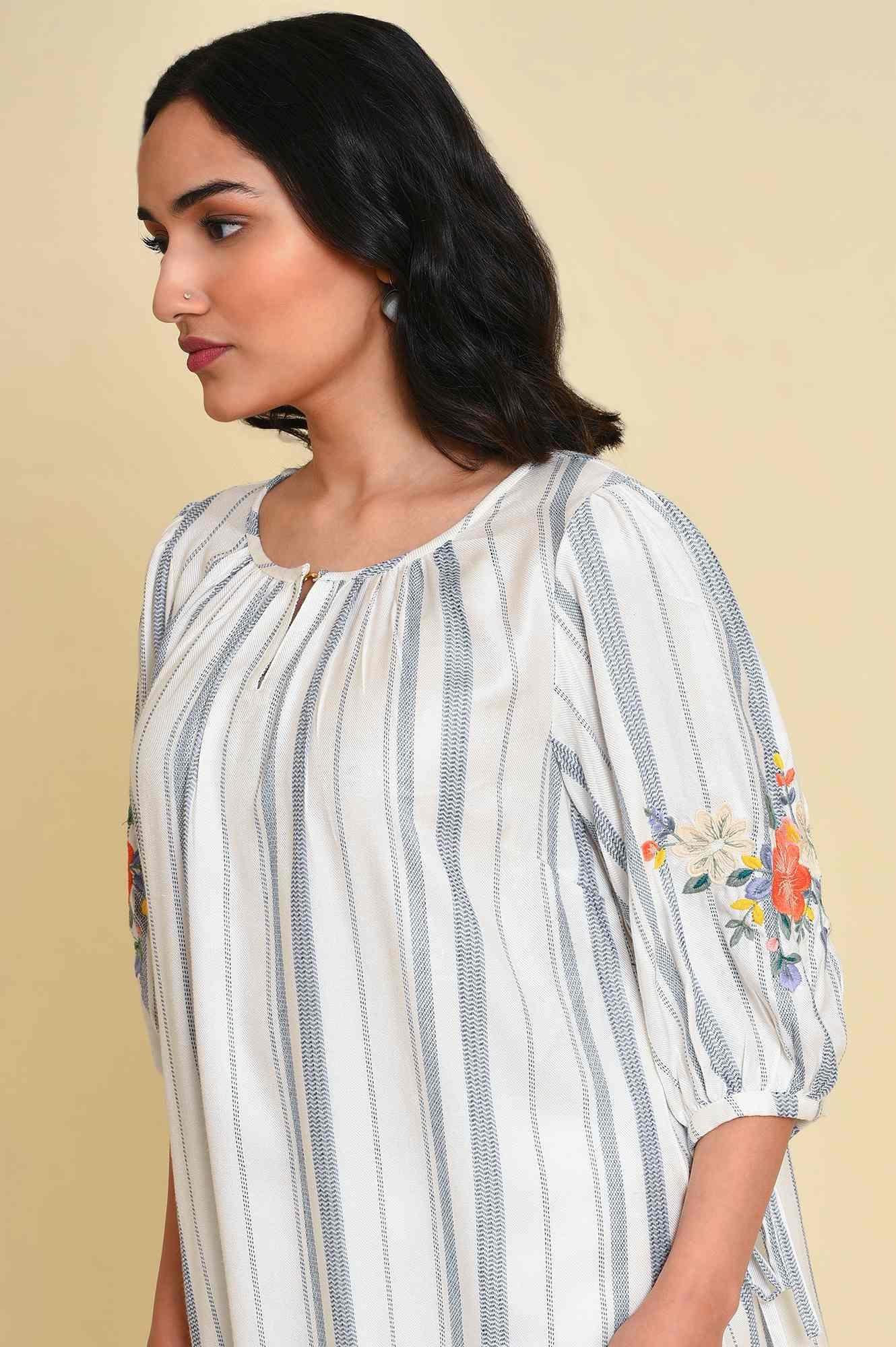 W for Woman White And Blue Embroidered Top | Grocsy