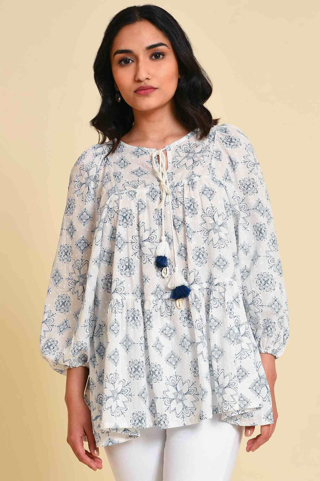 W for Woman White Geometric Print Gathered Top | Grocsy