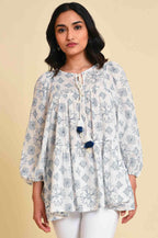 W for Woman White Geometric Print Gathered Top | Grocsy