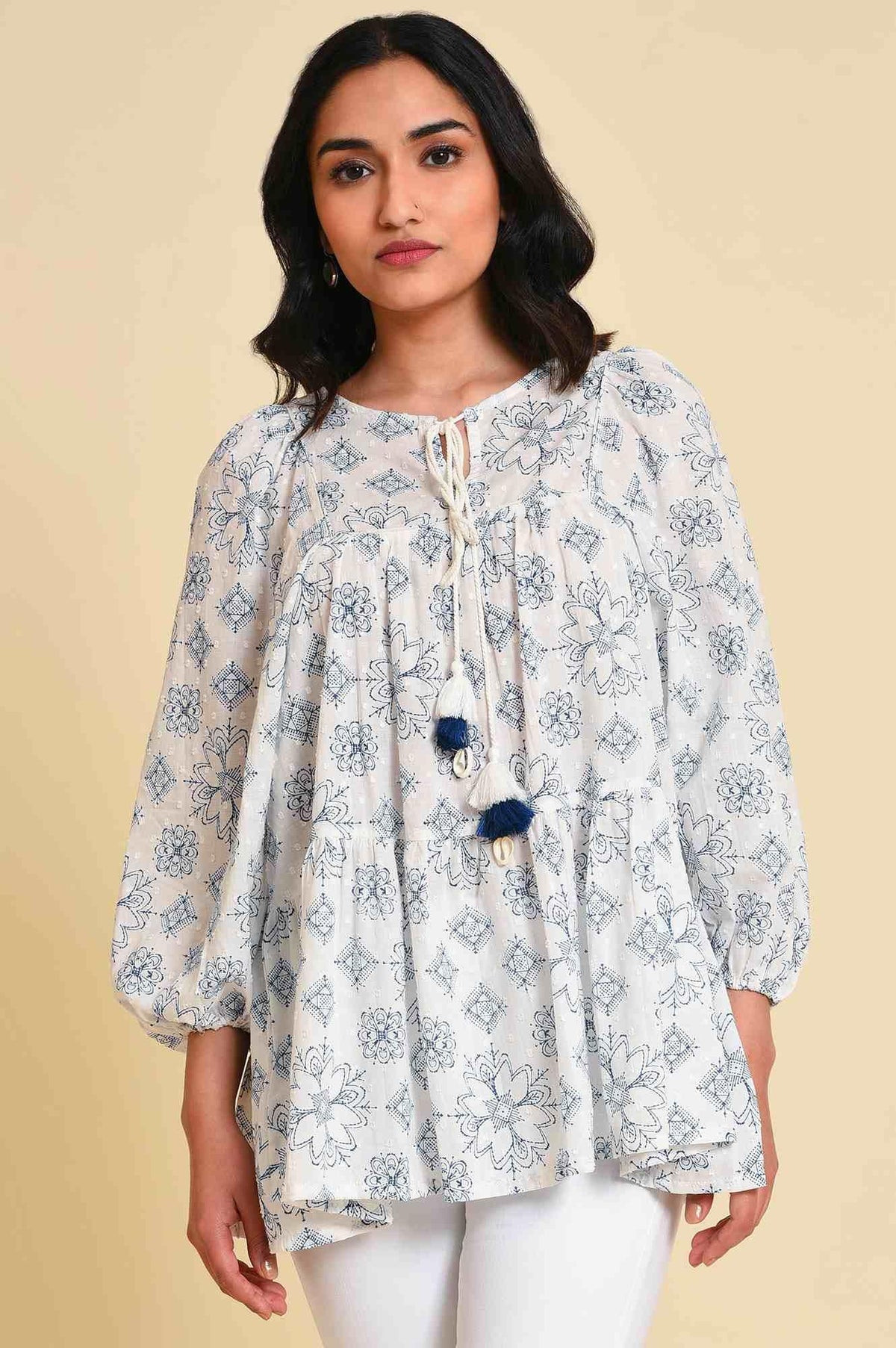 W for Woman White Geometric Print Gathered Top | Grocsy