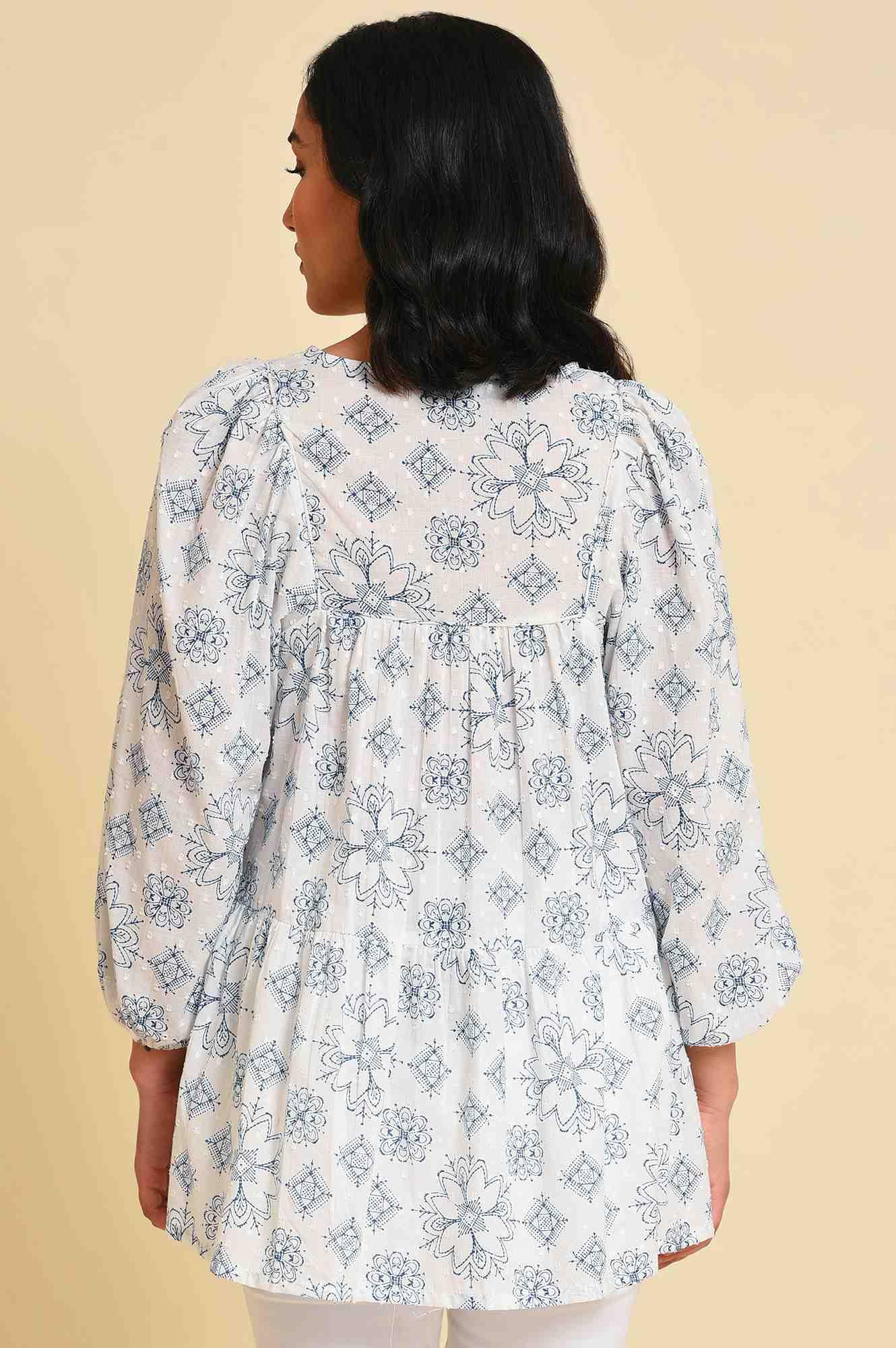 W for Woman White Geometric Print Gathered Top | Grocsy