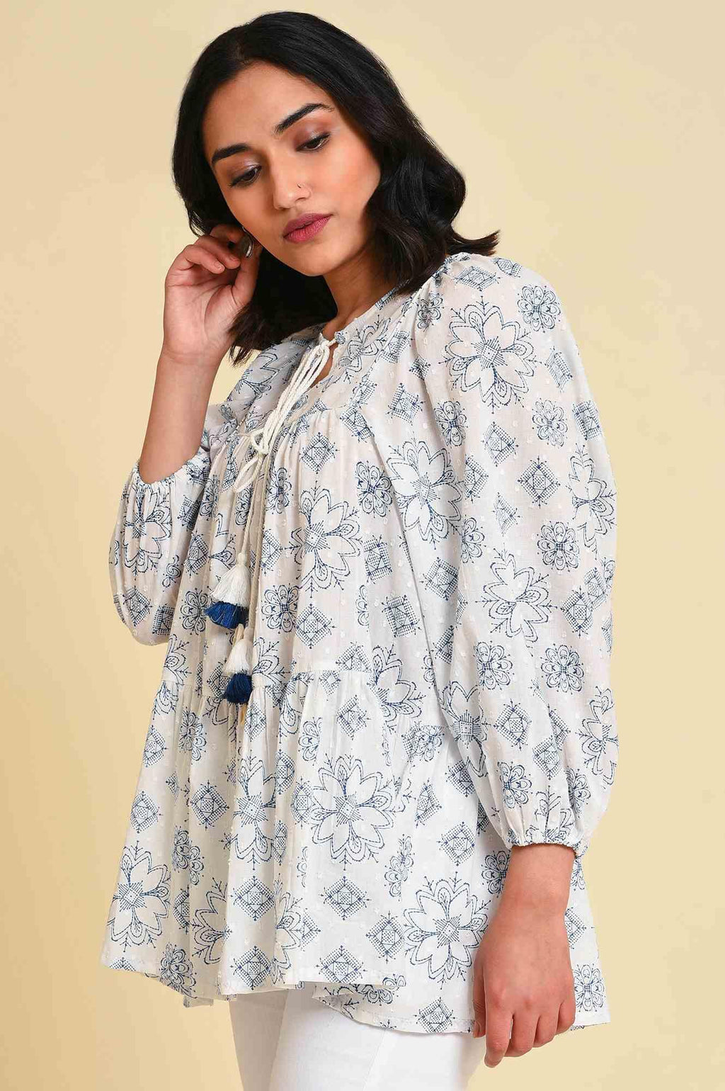 W for Woman White Geometric Print Gathered Top | Grocsy