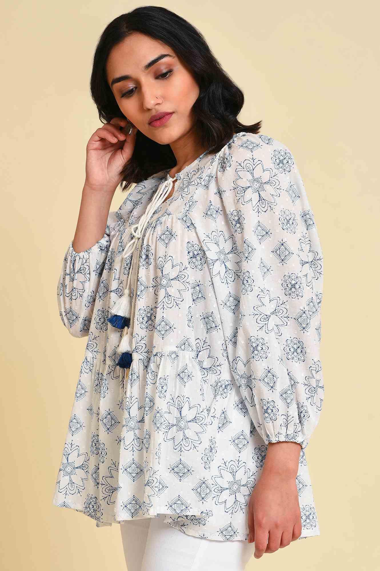 W for Woman White Geometric Print Gathered Top | Grocsy