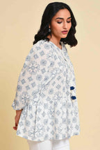 W for Woman White Geometric Print Gathered Top | Grocsy