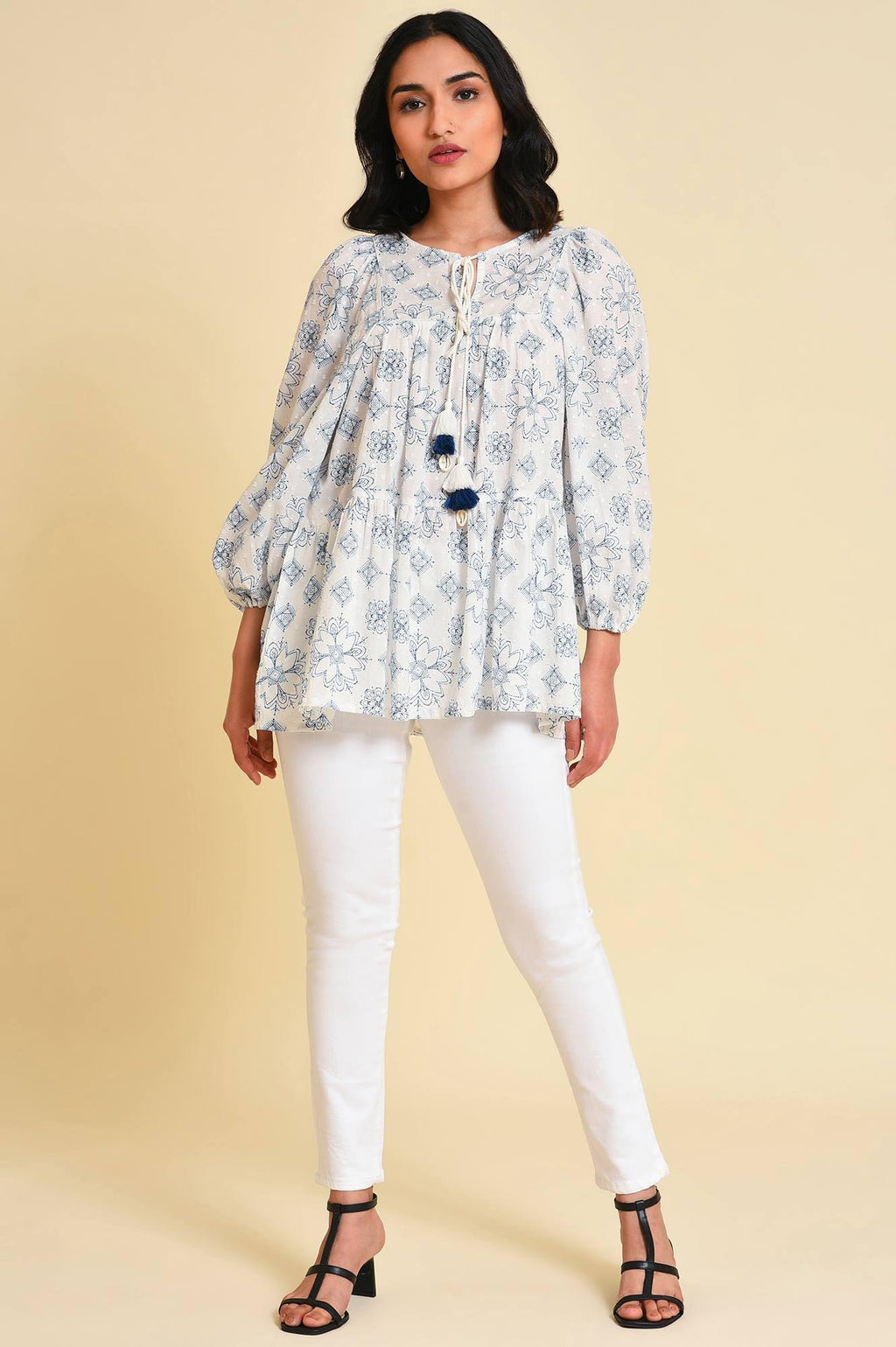 W for Woman White Geometric Print Gathered Top | Grocsy
