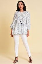 W for Woman White Geometric Print Gathered Top | Grocsy