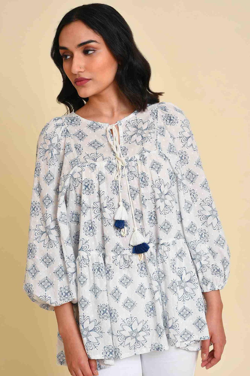W for Woman White Geometric Print Gathered Top | Grocsy