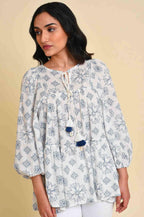 W for Woman White Geometric Print Gathered Top | Grocsy