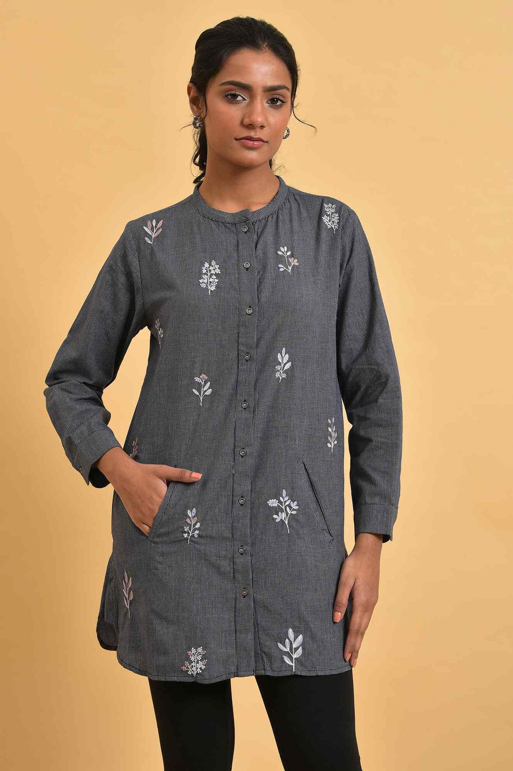 W for Woman Grey Checker Embroidered Western Tunic | Grocsy