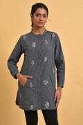 W for Woman Grey Checker Embroidered Western Tunic | Grocsy