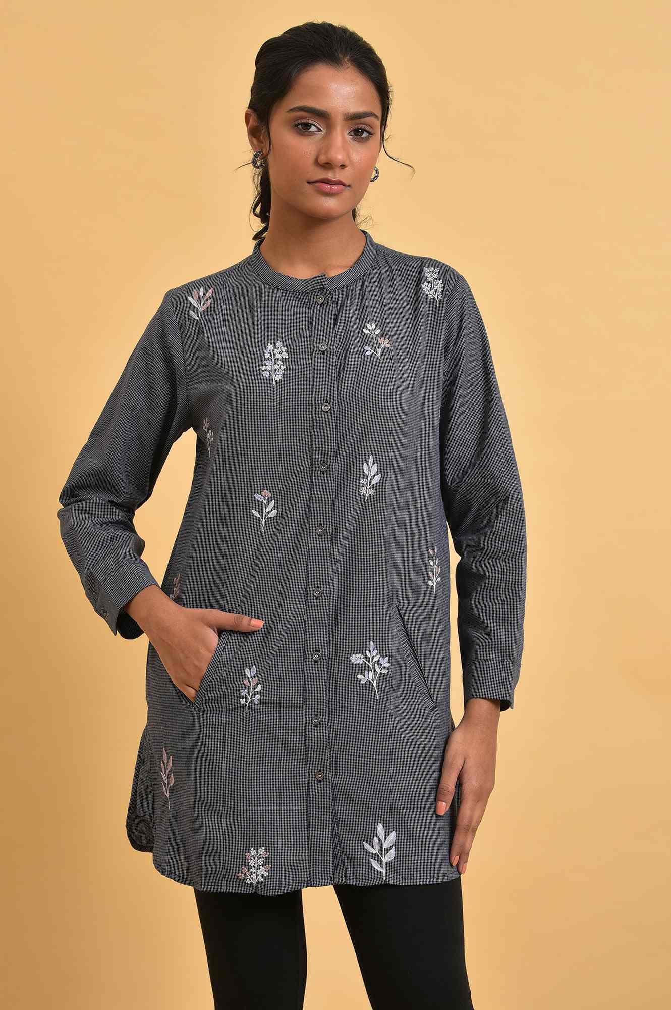 W for Woman Grey Checker Embroidered Western Tunic | Grocsy
